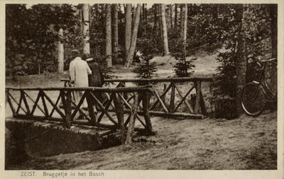 16281 Gezicht op het knuppelbruggetje met omringende naaldbomen in het Zeister Bosch te Zeist.